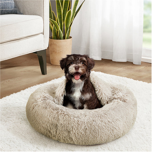 Donut Dog Bed with Hooded Blanket - Luna/Tan