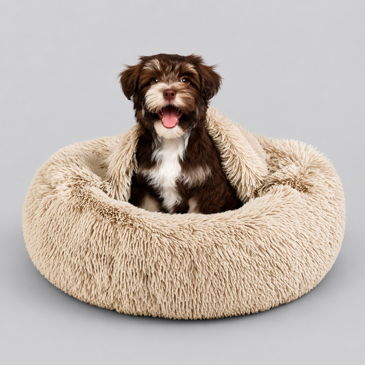 Donut Dog Bed with Hooded Blanket - Luna/Tan