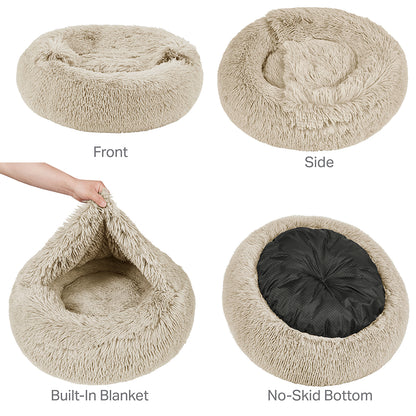 Donut Dog Bed with Hooded Blanket - Luna/Tan