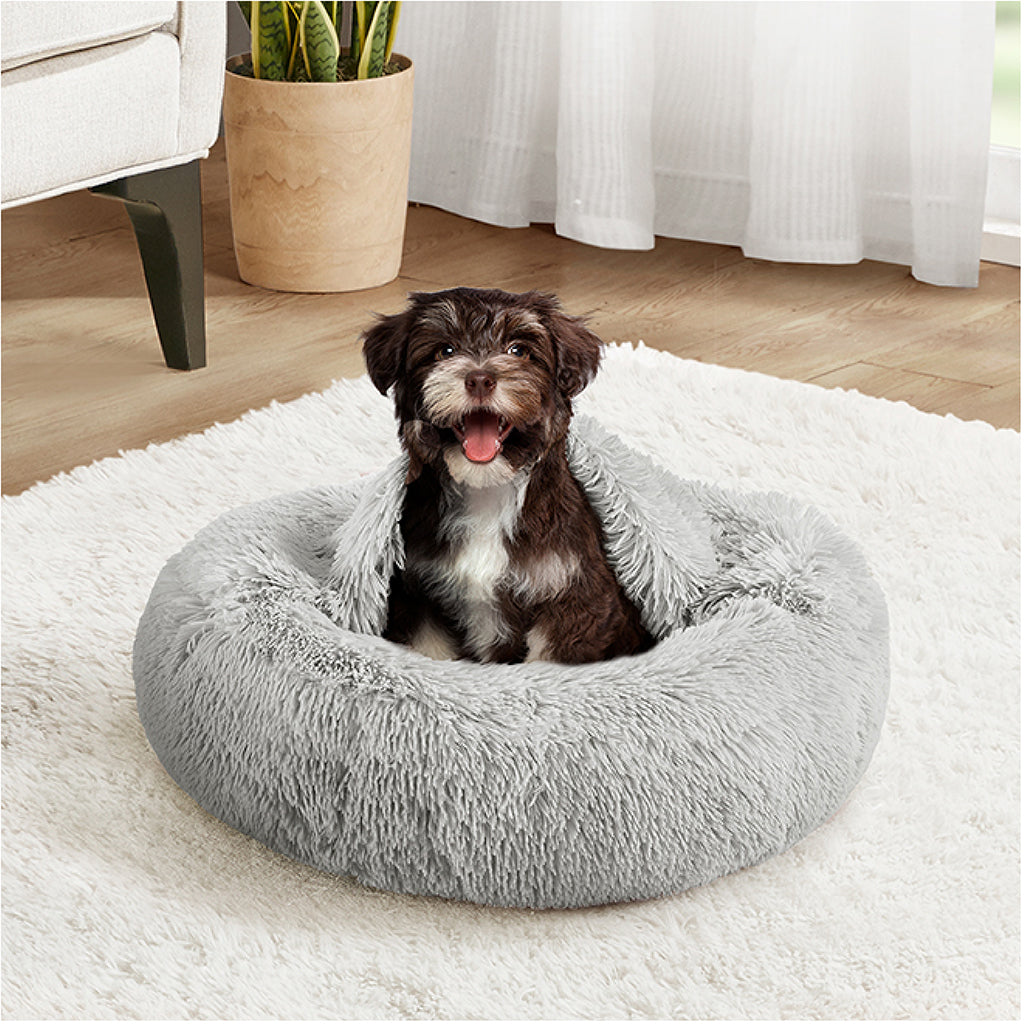 Donut Dog Bed with Hooded Blanket - Luna/Grey